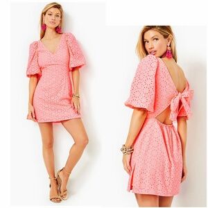 LILLY PULITZER NWT Eyelet Embroidered V-Neck Romper *Sunrise Coral Neon Sunburst